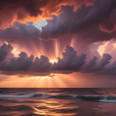 Bright Sun Rays Bursting Through Dramatic Clouds At Sunset With An Orange And Pink Sky Surrounded By Dark Storm Clouds And A Calm Ocean 12 9c8b