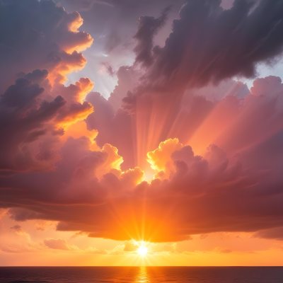 Bright Sun Rays Bursting Through Dramatic Clouds At Sunset With An Orange And Pink Sky Surrounded By Dark Storm Clouds And A Calm Ocean 13 B059