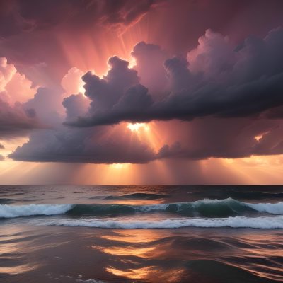 Bright Sun Rays Bursting Through Dramatic Clouds At Sunset With An Orange And Pink Sky Surrounded By Dark Storm Clouds And A Calm Ocean 14 9415