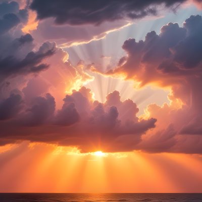 Bright Sun Rays Bursting Through Dramatic Clouds At Sunset With An Orange And Pink Sky Surrounded By Dark Storm Clouds And A Calm Ocean 15 34dd