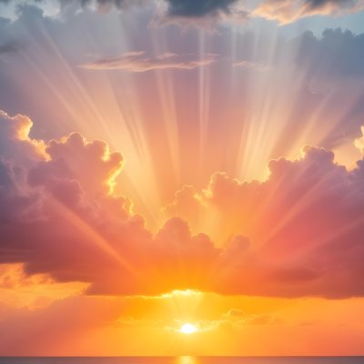 Bright Sun Rays Bursting Through Dramatic Clouds At Sunset With An Orange And Pink Sky Surrounded By Dark Storm Clouds And A Calm Ocean 16 5ec2