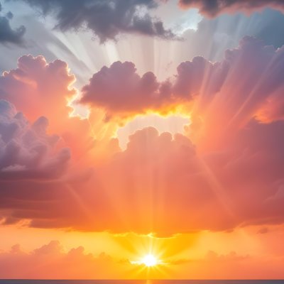 Bright Sun Rays Bursting Through Dramatic Clouds At Sunset With An Orange And Pink Sky Surrounded By Dark Storm Clouds And A Calm Ocean 19 E70b
