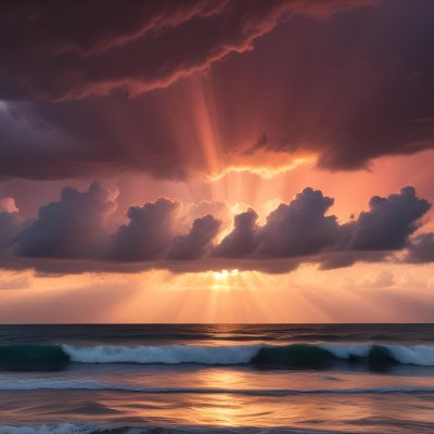 Bright Sun Rays Bursting Through Dramatic Clouds At Sunset With An Orange And Pink Sky Surrounded By Dark Storm Clouds And A Calm Ocean 2 7761