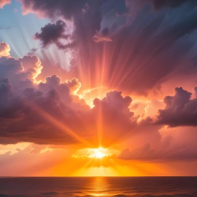 Bright Sun Rays Bursting Through Dramatic Clouds At Sunset With An Orange And Pink Sky Surrounded By Dark Storm Clouds And A Calm Ocean 3 7b8f
