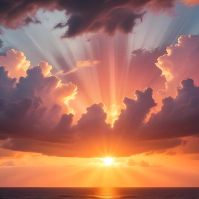 Bright Sun Rays Bursting Through Dramatic Clouds At Sunset With An Orange And Pink Sky Surrounded By Dark Storm Clouds And A Calm Ocean 5 Da7a