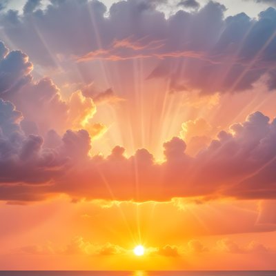 Bright Sun Rays Bursting Through Dramatic Clouds At Sunset With An Orange And Pink Sky Surrounded By Dark Storm Clouds And A Calm Ocean 6 069e