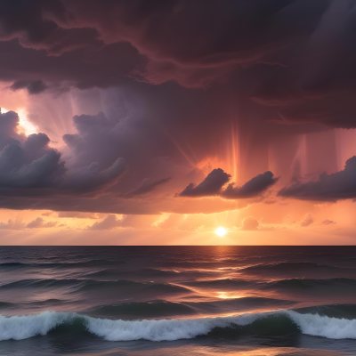 Bright Sun Rays Bursting Through Dramatic Clouds At Sunset With An Orange And Pink Sky Surrounded By Dark Storm Clouds And A Calm Ocean 7 F0c1