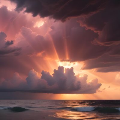 Bright Sun Rays Bursting Through Dramatic Clouds At Sunset With An Orange And Pink Sky Surrounded By Dark Storm Clouds And A Calm Ocean 8 9ab2
