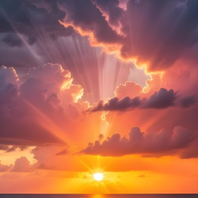Bright Sun Rays Bursting Through Dramatic Clouds At Sunset With An Orange And Pink Sky Surrounded By Dark Storm Clouds And A Calm Ocean 9 B720