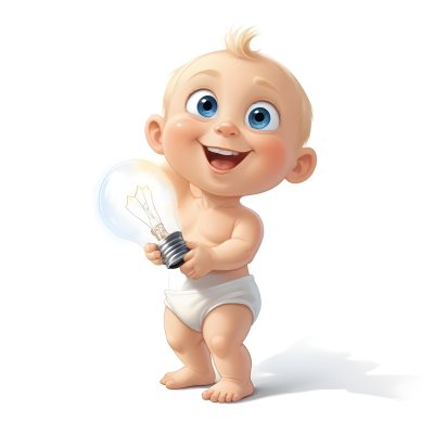3d Model A Cartoon Baby With Light Blonde Hair And Large Blue Eyes Smiling While Holding A Light Bulb The Baby Is Wearing A Simple White Diaper And Is Set Against A Plain White Background Figure Octane Render Volum 12 40ae