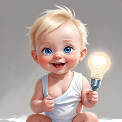 3d Model A Cartoon Baby With Light Blonde Hair And Large Blue Eyes Smiling While Holding A Light Bulb The Baby Is Wearing A Simple White Diaper And Is Set Against A Plain White Background Figure Octane Render Volum 16 8b41