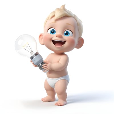 3d Model A Cartoon Baby With Light Blonde Hair And Large Blue Eyes Smiling While Holding A Light Bulb The Baby Is Wearing A Simple White Diaper And Is Set Against A Plain White Background Figure Octane Render Volum 27 2244