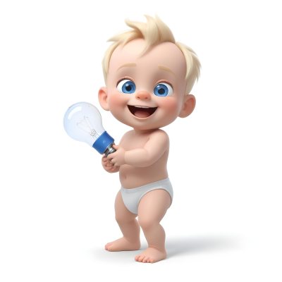 3d Model A Cartoon Baby With Light Blonde Hair And Large Blue Eyes Smiling While Holding A Light Bulb The Baby Is Wearing A Simple White Diaper And Is Set Against A Plain White Background Figure Octane Render Volum 28 18a3