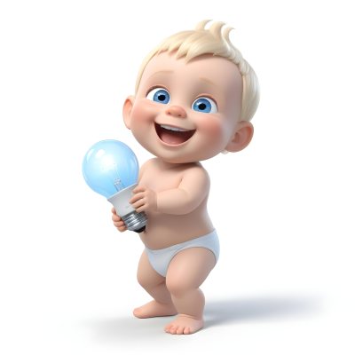 3d Model A Cartoon Baby With Light Blonde Hair And Large Blue Eyes Smiling While Holding A Light Bulb The Baby Is Wearing A Simple White Diaper And Is Set Against A Plain White Background Figure Octane Render Volum 35 E4c5