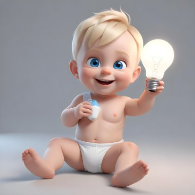 3d Model A Cartoon Baby With Light Blonde Hair And Large Blue Eyes Smiling While Holding A Light Bulb The Baby Is Wearing A Simple White Diaper And Is Set Against A Plain White Background Figure Octane Render Volum 37 1b9d
