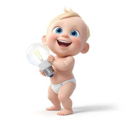 3d Model A Cartoon Baby With Light Blonde Hair And Large Blue Eyes Smiling While Holding A Light Bulb The Baby Is Wearing A Simple White Diaper And Is Set Against A Plain White Background Figure Octane Render Volum 41 84ce