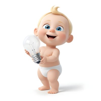 3d Model A Cartoon Baby With Light Blonde Hair And Large Blue Eyes Smiling While Holding A Light Bulb The Baby Is Wearing A Simple White Diaper And Is Set Against A Plain White Background Figure Octane Render Volum 44 B235