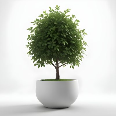 3d Model A Small Tree With Green Leaves In A White Pot The Background Is Gray The Lighting Is Soft And Diffused The Composition Is Simple And Clean Figure Octane Render Volumetric Highly Detailed Videogame Aesth 11 1375