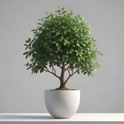3d Model A Small Tree With Green Leaves In A White Pot The Background Is Gray The Lighting Is Soft And Diffused The Composition Is Simple And Clean Figure Octane Render Volumetric Highly Detailed Videogame Aesth 17 366c