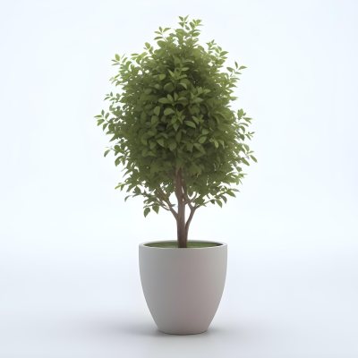 3d Model A Small Tree With Green Leaves In A White Pot The Background Is Gray The Lighting Is Soft And Diffused The Composition Is Simple And Clean Figure Octane Render Volumetric Highly Detailed Videogame Aesth 19 96c2