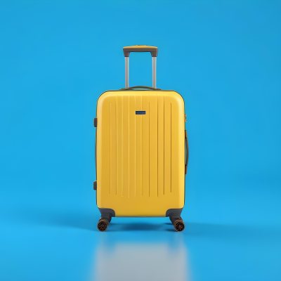 3d Model A Yellow Suitcase With A Handle Extended Standing Upright On A Blue Background Minimalist Design Bright Colors Clean And Simple Composition Travel Concept Figure Octane Render Volumetric Highly Detailed 24 D156