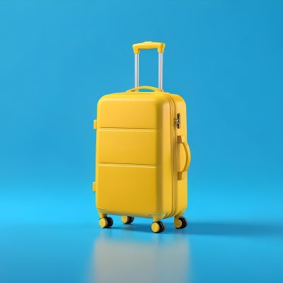 3d Model A Yellow Suitcase With A Handle Extended Standing Upright On A Blue Background Minimalist Design Bright Colors Clean And Simple Composition Travel Concept Figure Octane Render Volumetric Highly Detailed 25 64c7
