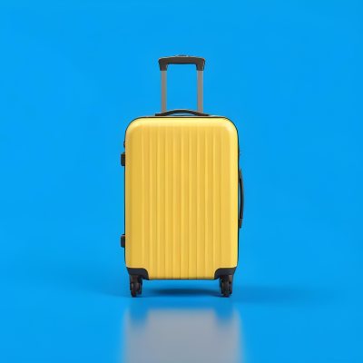 3d Model A Yellow Suitcase With A Handle Extended Standing Upright On A Blue Background Minimalist Design Bright Colors Clean And Simple Composition Travel Concept Figure Octane Render Volumetric Highly Detailed 28 0044