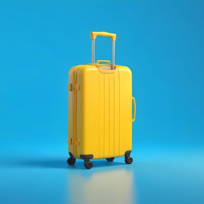 3d Model A Yellow Suitcase With A Handle Extended Standing Upright On A Blue Background Minimalist Design Bright Colors Clean And Simple Composition Travel Concept Figure Octane Render Volumetric Highly Detailed 30 B3f5