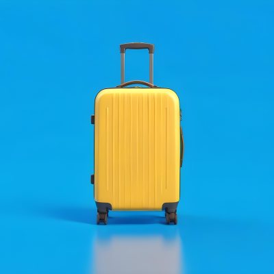 3d Model A Yellow Suitcase With A Handle Extended Standing Upright On A Blue Background Minimalist Design Bright Colors Clean And Simple Composition Travel Concept Figure Octane Render Volumetric Highly Detailed 40 F155