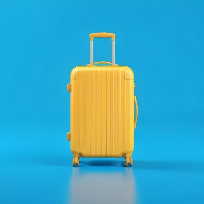 3d Model A Yellow Suitcase With A Handle Extended Standing Upright On A Blue Background Minimalist Design Bright Colors Clean And Simple Composition Travel Concept Figure Octane Render Volumetric Highly Detailed 48 E5c3