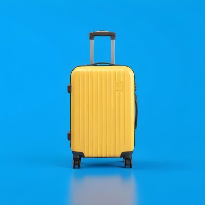 3d Model A Yellow Suitcase With A Handle Extended Standing Upright On A Blue Background Minimalist Design Bright Colors Clean And Simple Composition Travel Concept Figure Octane Render Volumetric Highly Detailed 5 7ac2