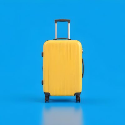 3d Model A Yellow Suitcase With A Handle Extended Standing Upright On A Blue Background Minimalist Design Bright Colors Clean And Simple Composition Travel Concept Figure Octane Render Volumetric Highly Detailed 52 F030