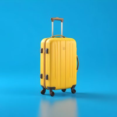 3d Model A Yellow Suitcase With A Handle Extended Standing Upright On A Blue Background Minimalist Design Bright Colors Clean And Simple Composition Travel Concept Figure Octane Render Volumetric Highly Detailed 63 196b