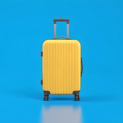 3d Model A Yellow Suitcase With A Handle Extended Standing Upright On A Blue Background Minimalist Design Bright Colors Clean And Simple Composition Travel Concept Figure Octane Render Volumetric Highly Detailed 64 439d