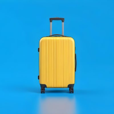 3d Model A Yellow Suitcase With A Handle Extended Standing Upright On A Blue Background Minimalist Design Bright Colors Clean And Simple Composition Travel Concept Figure Octane Render Volumetric Highly Detailed 7 A43d