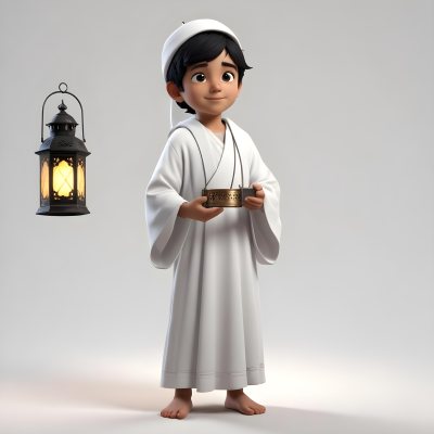 3d Model An Arab Boy Age 6 Black Hair Holding A Ramadan Lantern Wearing A White Robe And A White Cap White Background Figure Octane Render Volumetric Highly Detailed Videogame Aesthetic 1 050d
