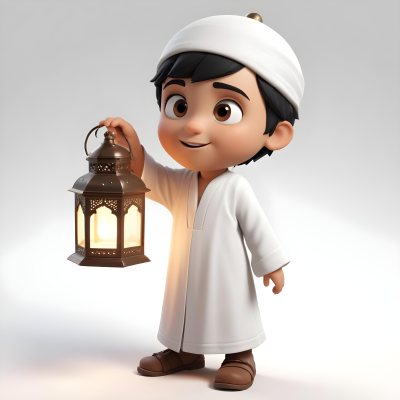 3d Model An Arab Boy Age 6 Black Hair Holding A Ramadan Lantern Wearing A White Robe And A White Cap White Background Figure Octane Render Volumetric Highly Detailed Videogame Aesthetic 10 A36f