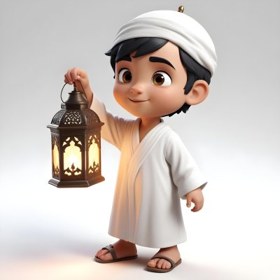 3d Model An Arab Boy Age 6 Black Hair Holding A Ramadan Lantern Wearing A White Robe And A White Cap White Background Figure Octane Render Volumetric Highly Detailed Videogame Aesthetic 11 B604