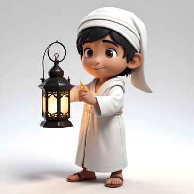 3d Model An Arab Boy Age 6 Black Hair Holding A Ramadan Lantern Wearing A White Robe And A White Cap White Background Figure Octane Render Volumetric Highly Detailed Videogame Aesthetic 2 D084