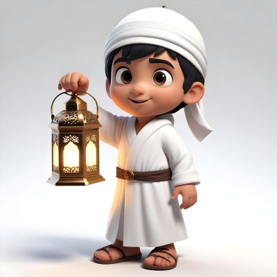 3d Model An Arab Boy Age 6 Black Hair Holding A Ramadan Lantern Wearing A White Robe And A White Cap White Background Figure Octane Render Volumetric Highly Detailed Videogame Aesthetic 3 C98a
