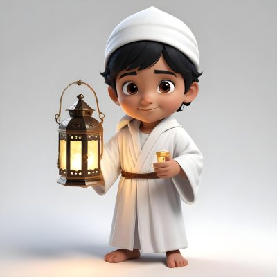3d Model An Arab Boy Age 6 Black Hair Holding A Ramadan Lantern Wearing A White Robe And A White Cap White Background Figure Octane Render Volumetric Highly Detailed Videogame Aesthetic 4 Fa18