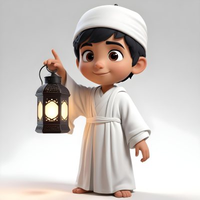 3d Model An Arab Boy Age 6 Black Hair Holding A Ramadan Lantern Wearing A White Robe And A White Cap White Background Figure Octane Render Volumetric Highly Detailed Videogame Aesthetic 5 A9ef
