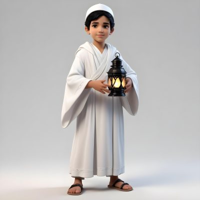 3d Model An Arab Boy Age 6 Black Hair Holding A Ramadan Lantern Wearing A White Robe And A White Cap White Background Figure Octane Render Volumetric Highly Detailed Videogame Aesthetic 7 37ea