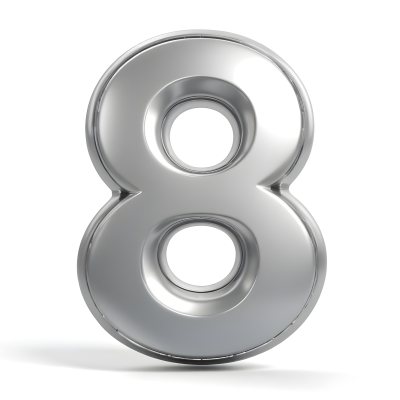 3d Model Silver Number Eight With Rounded Edges Metallic Texture Shiny Surface Smooth Finish Simple Design Isolated On A White Background Studio Lighting Figure Octane Render Volumetric Highly Detailed Videogam 6 556b