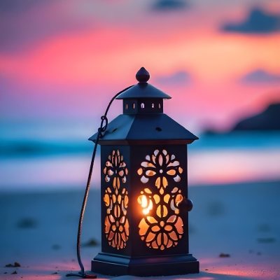 A Black Metal Lantern With Intricate Cutouts Glowing With Warm Light Sits On A Sandy Beach With A Vibrant Pink And Blue Sunset Sky 14 0056