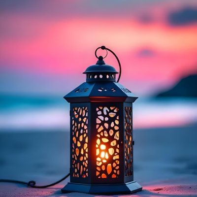 A Black Metal Lantern With Intricate Cutouts Glowing With Warm Light Sits On A Sandy Beach With A Vibrant Pink And Blue Sunset Sky 15 7353