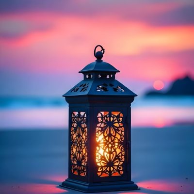 A Black Metal Lantern With Intricate Cutouts Glowing With Warm Light Sits On A Sandy Beach With A Vibrant Pink And Blue Sunset Sky 17 2bb3