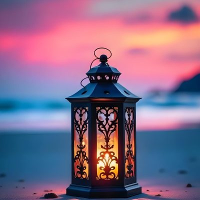 A Black Metal Lantern With Intricate Cutouts Glowing With Warm Light Sits On A Sandy Beach With A Vibrant Pink And Blue Sunset Sky 19 0696