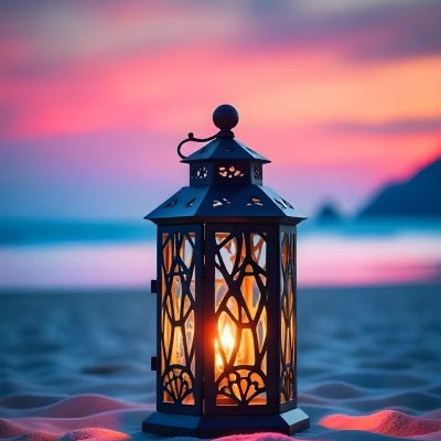 A Black Metal Lantern With Intricate Cutouts Glowing With Warm Light Sits On A Sandy Beach With A Vibrant Pink And Blue Sunset Sky 23 D6cb