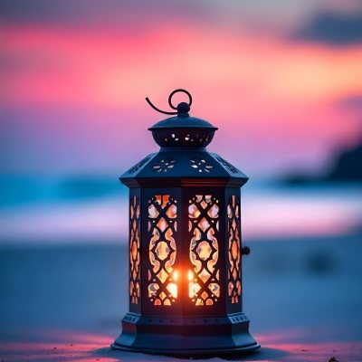 A Black Metal Lantern With Intricate Cutouts Glowing With Warm Light Sits On A Sandy Beach With A Vibrant Pink And Blue Sunset Sky 28 E8ea